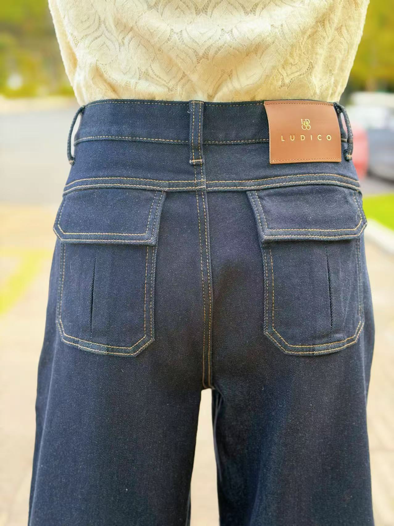 LUDICO高级丹宁加绒加厚深蓝弯刀牛仔裤裤子高腰0041