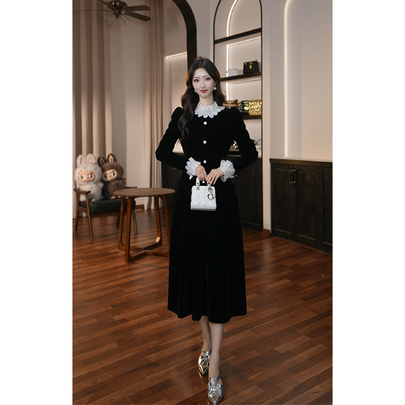 【滋滋定制】秋冬季新款法式气质撞色A字裙长袖收腰显瘦连衣裙22003