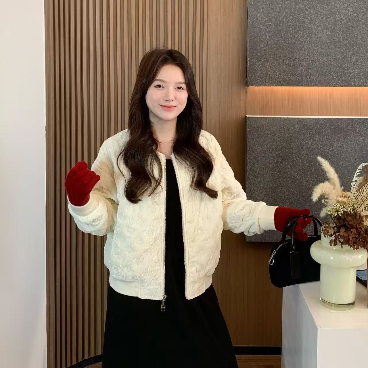 小羽酱小个子定制秋冬韩版设计感百搭宽松印花丝绒棒球服棉服外套