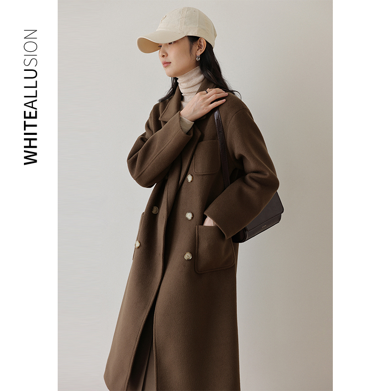 清仓【1032】毛呢外套女秋冬韩系宽松双排扣呢子大衣中长款