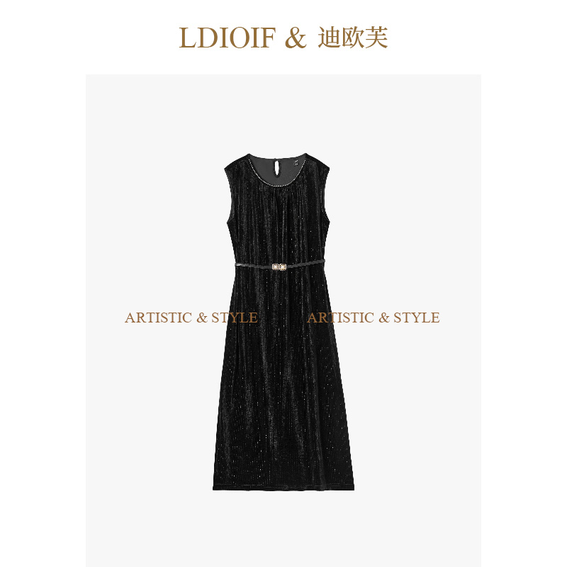 迪欧芙|条型金丝钩织工艺/奢花感丝绒 皮腰带背心连衣裙#QLQ18643