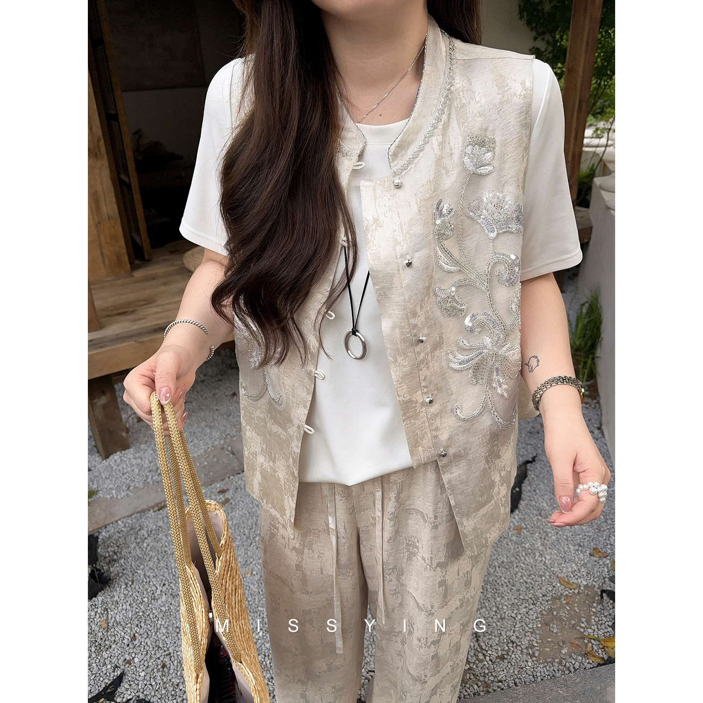 应小姐【兰亭集序】微胖大码宽松显瘦设计款小众马甲+长裤套装