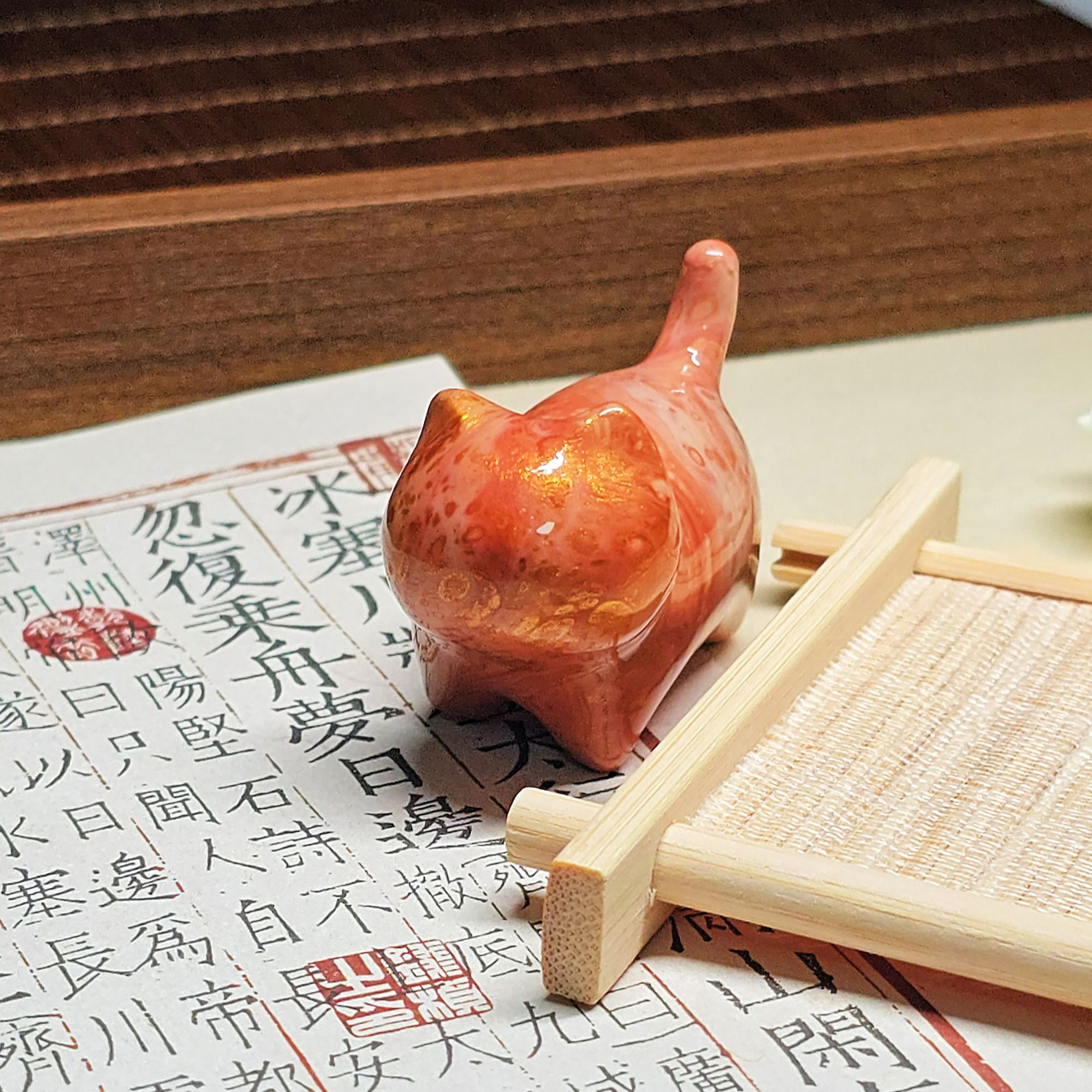 【漂漆猫先生】非遗漂漆工艺手工创意绿檀小猫摆件（随机发，可许愿）