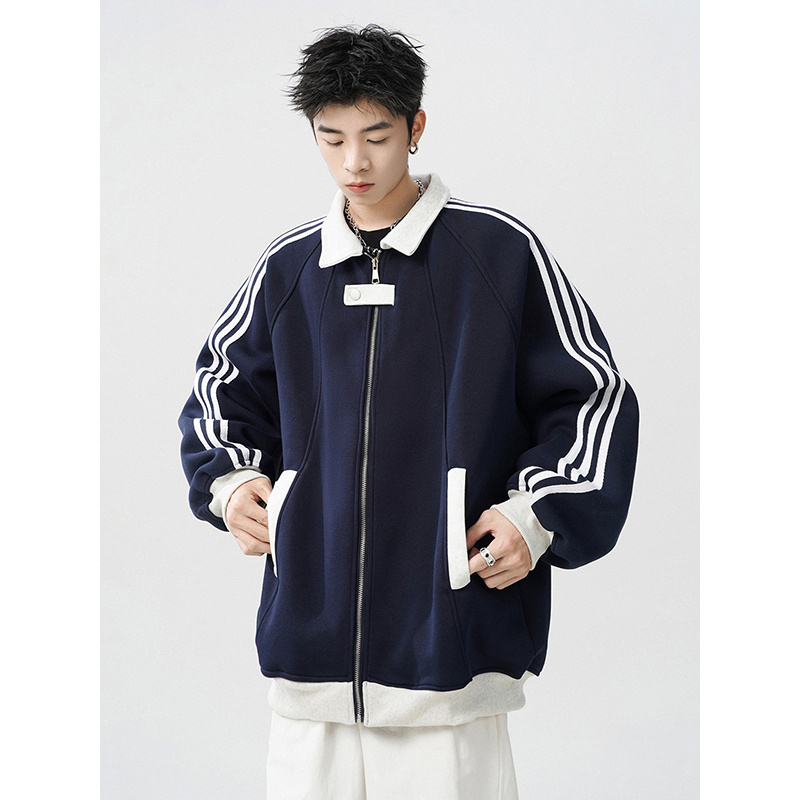 美式撞色条纹翻领夹克男女秋冬季新款复古拼接上衣高级感情侣外套