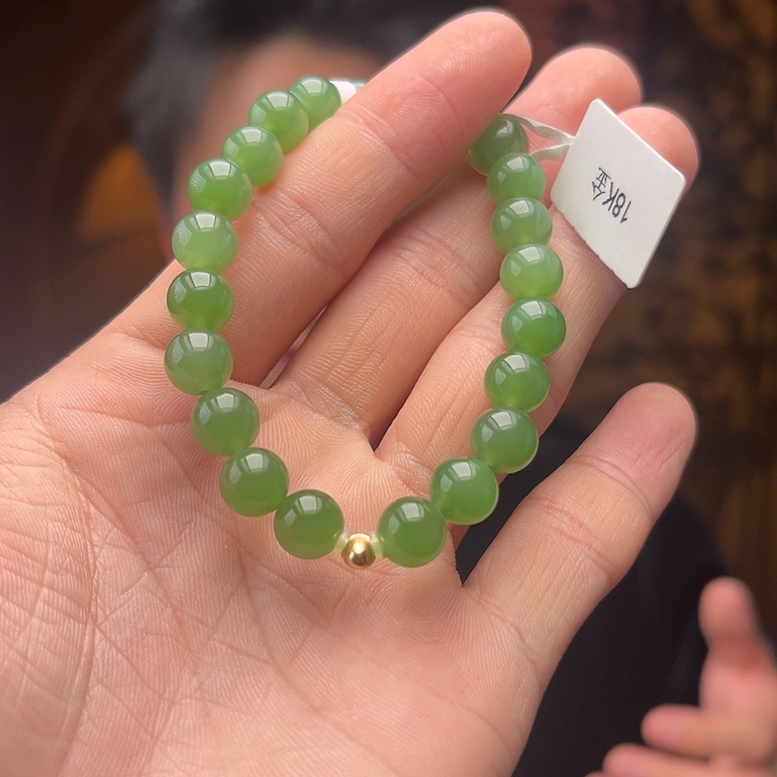 和田玉手串18K金镶嵌碧玉无矿点设计款