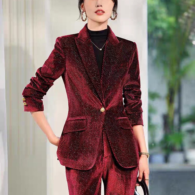 A区2513 高端酒红色西装女2025秋冬小个子金丝绒套装气质洋气女