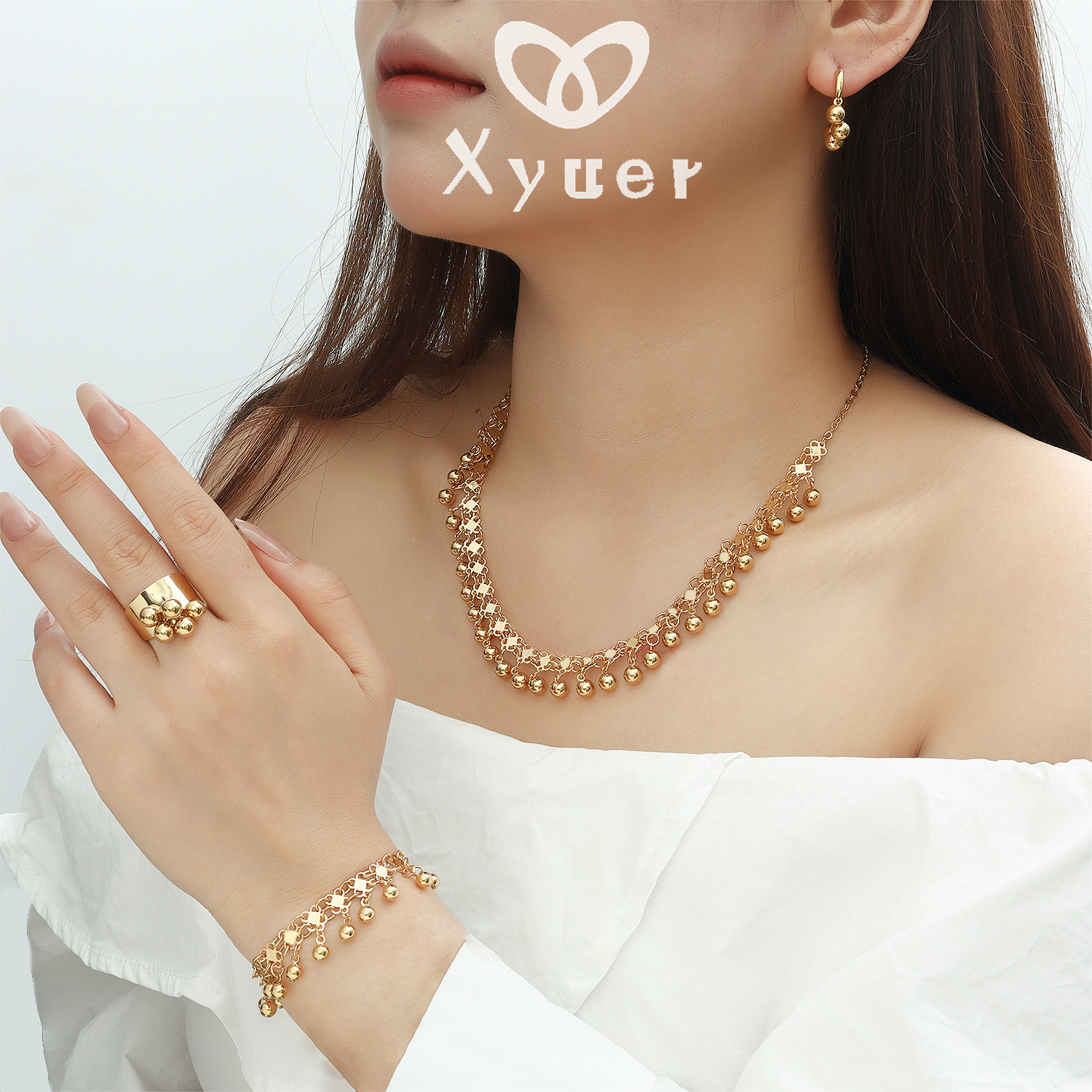 钛钢项链 Xyuer谢雨儿金色珠珠流苏款首饰套装