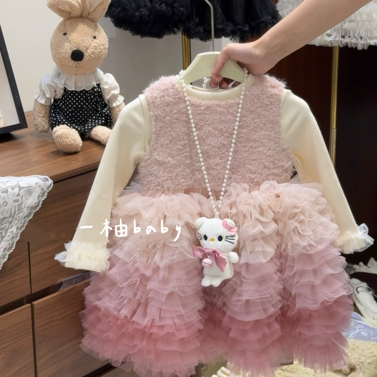 现货当天发一柚重工秋冬正品粉色秋冬加绒蓬蓬生日周岁公主裙套装