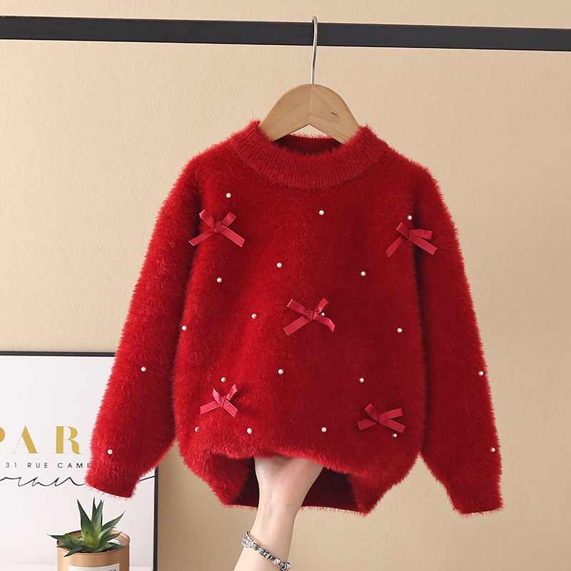 女童毛衣2025冬季新款中大童水貂绒一体绒不起球加厚圆领针织衫