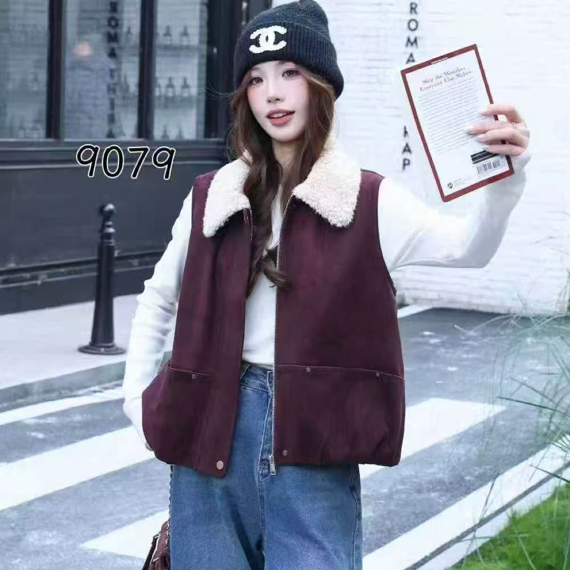 冬款百搭鹿皮绒拼羊羔毛领马甲9079