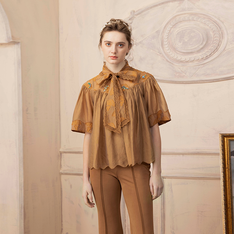 【媛媛专享】朝峰夏季新款复古气质短袖衬衣女CFD2D008-0055T