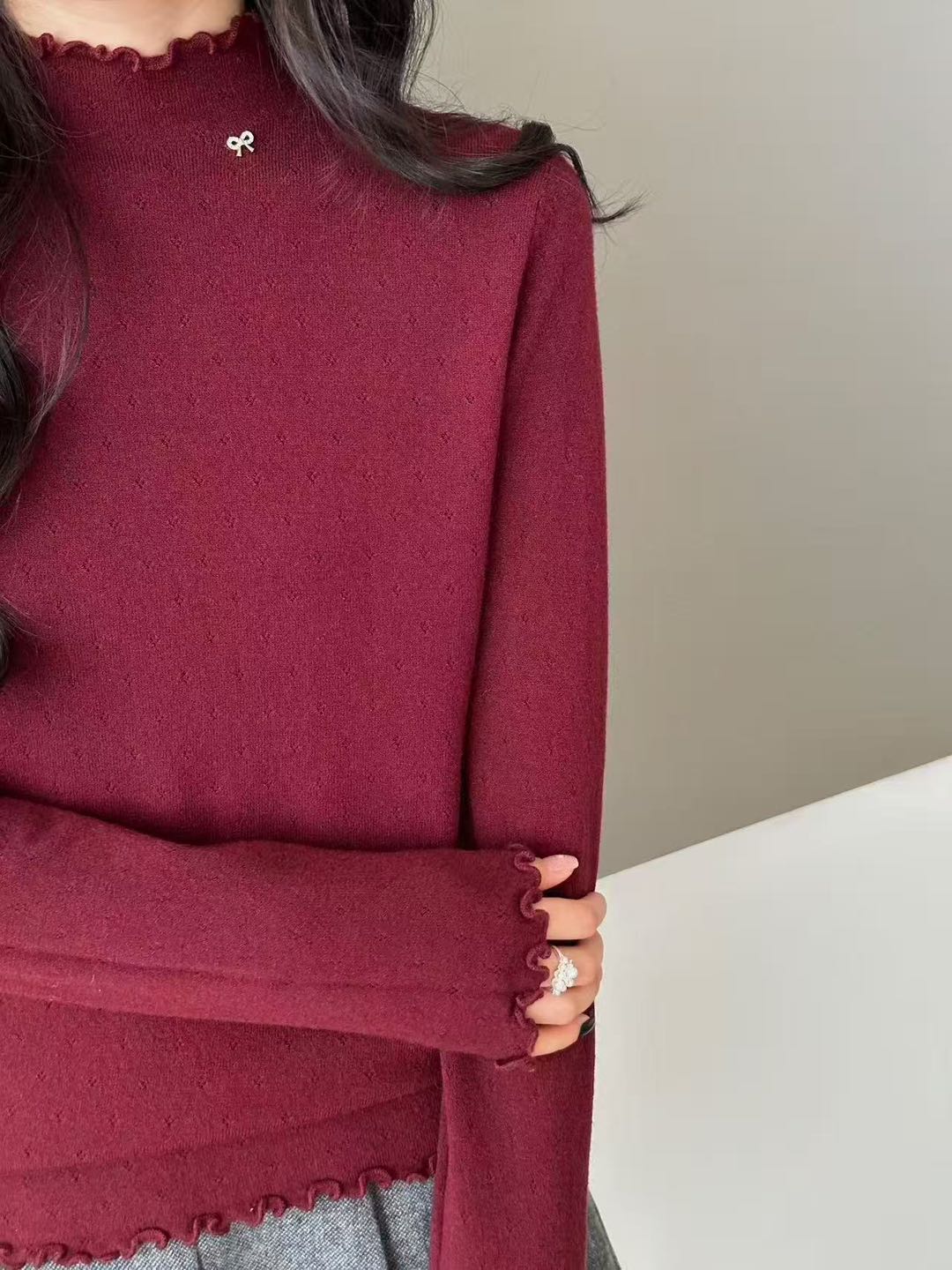 抗皱女常规秋冬T恤半高领长袖拼接针织木耳边时尚