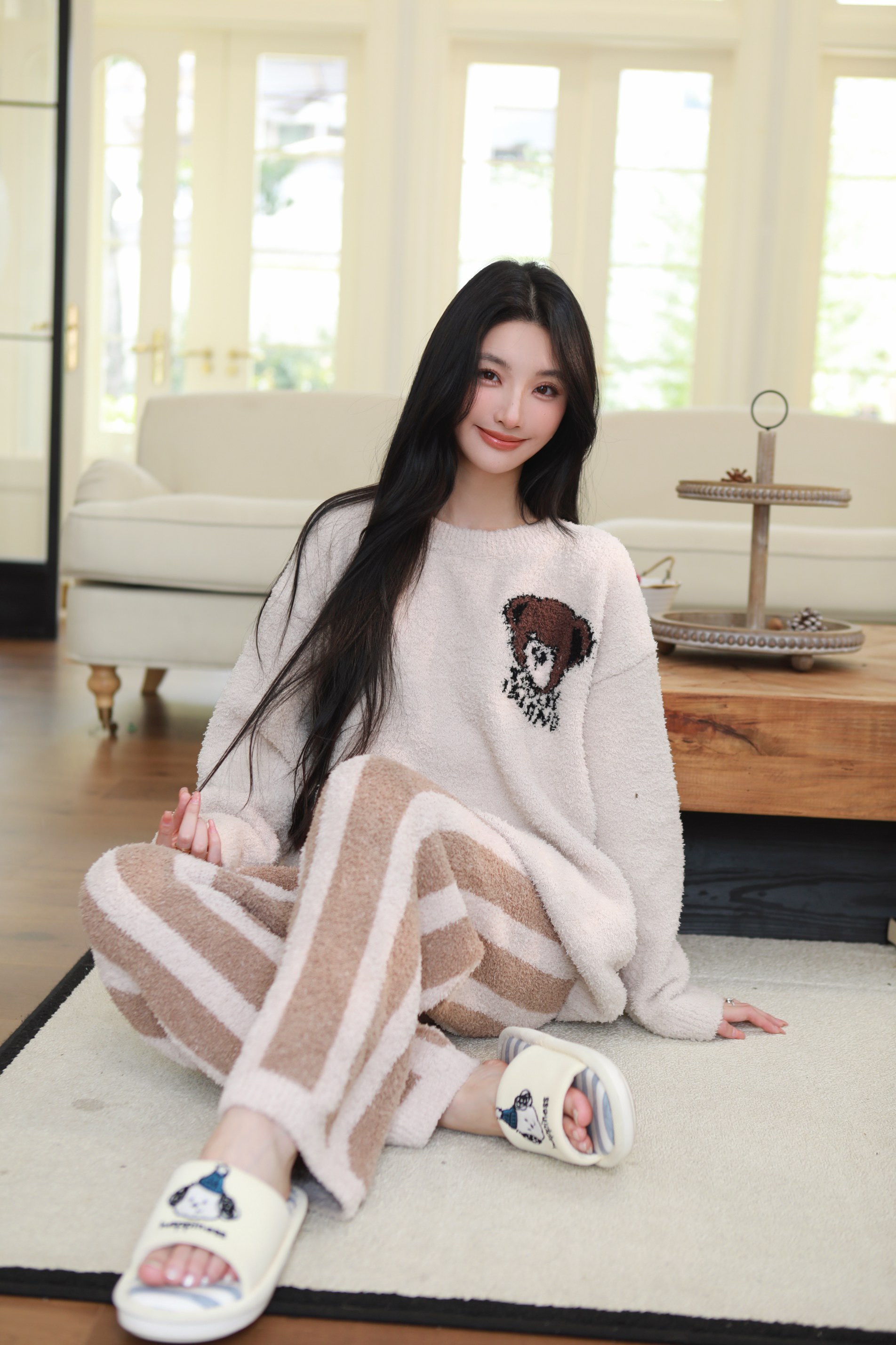 2025新款小熊睡衣女秋冬季半边绒加厚加绒可外穿家居服套装