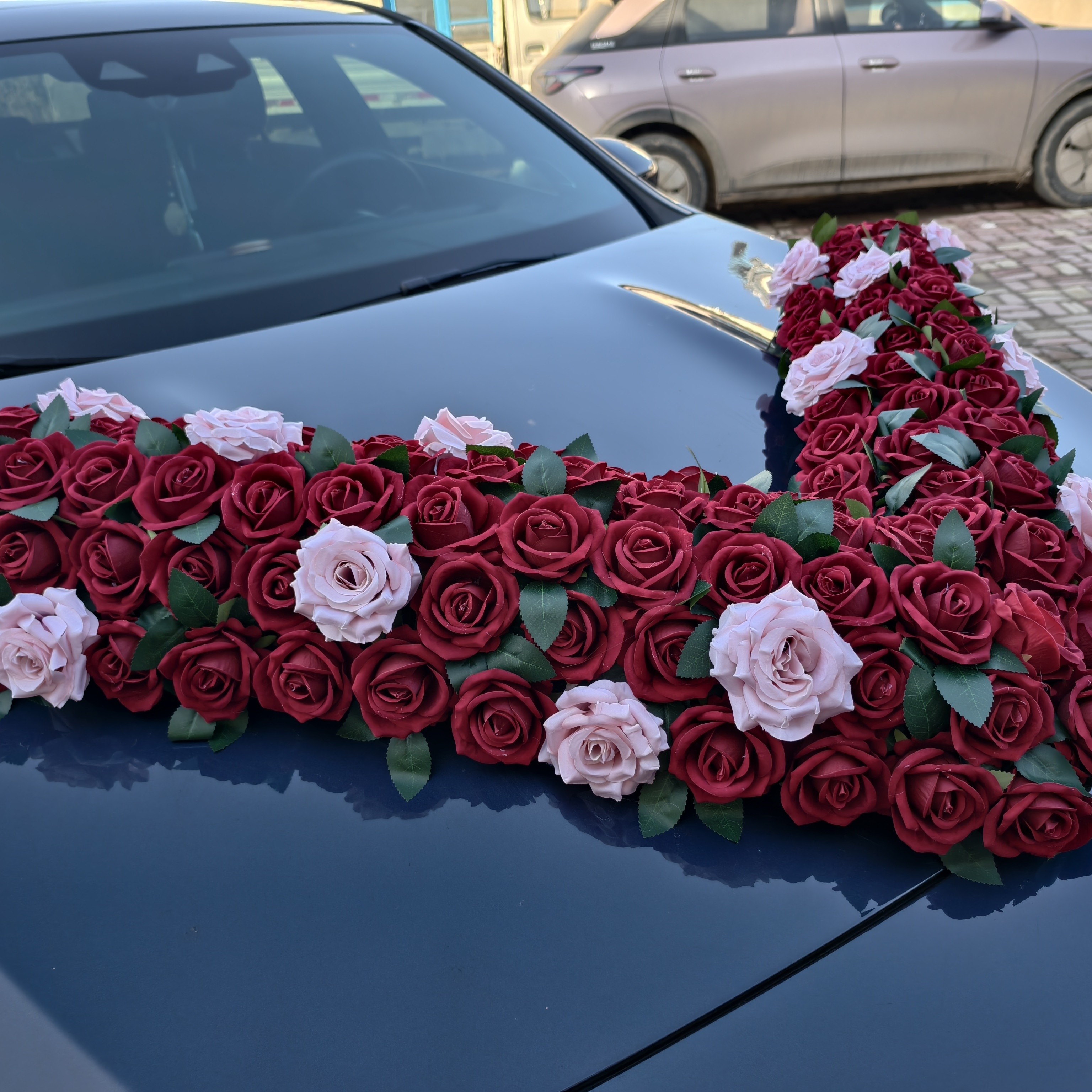 婚车大V头花装饰车头真花吸盘分体式设计结婚花车布置拉花用品