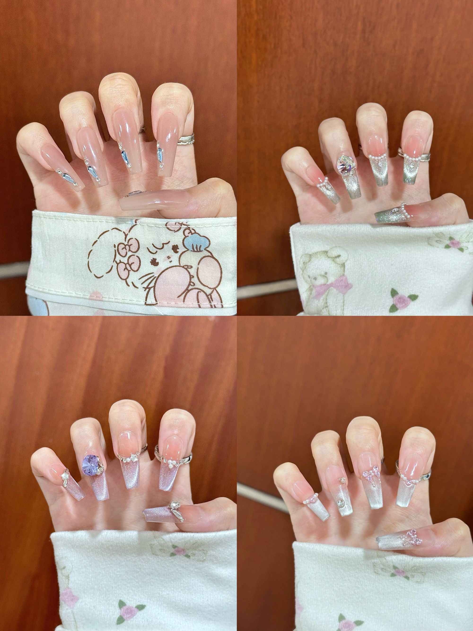 纯手工穿戴甲法式裸色猫眼高级气质美甲款式中长款可爱穿戴式