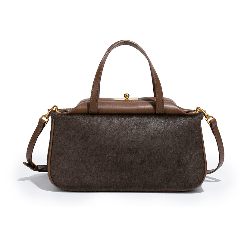 【高定】小众设计款马毛轻奢手提方包夹子包斜挎包H2463-咖啡