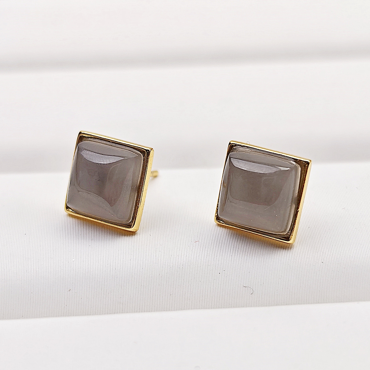 10mmS925银镶和田玉烟紫方糖耳钉精美时尚轻奢耳饰