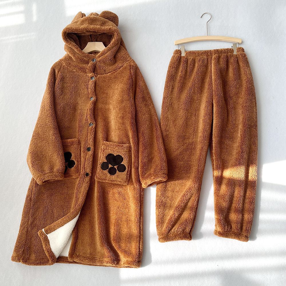 2025爆款美拉德秋冬加绒家居服睡衣连帽宽松加厚长袍保暖双层巨厚