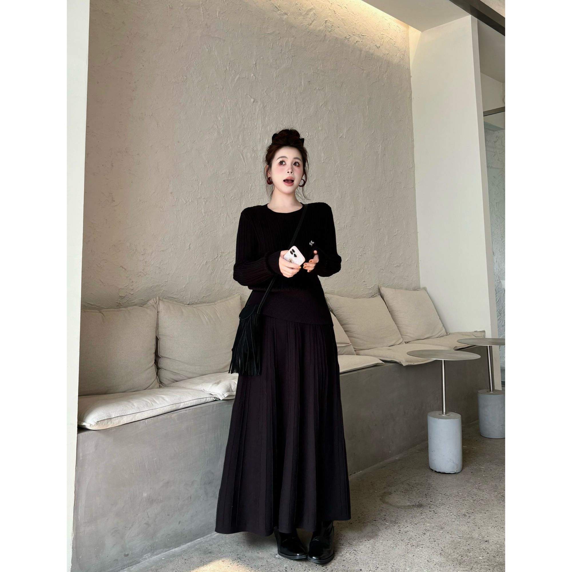 晶咕【慵懒纸片人】软糯毛衣针织上衣大A版遮肉半身裙