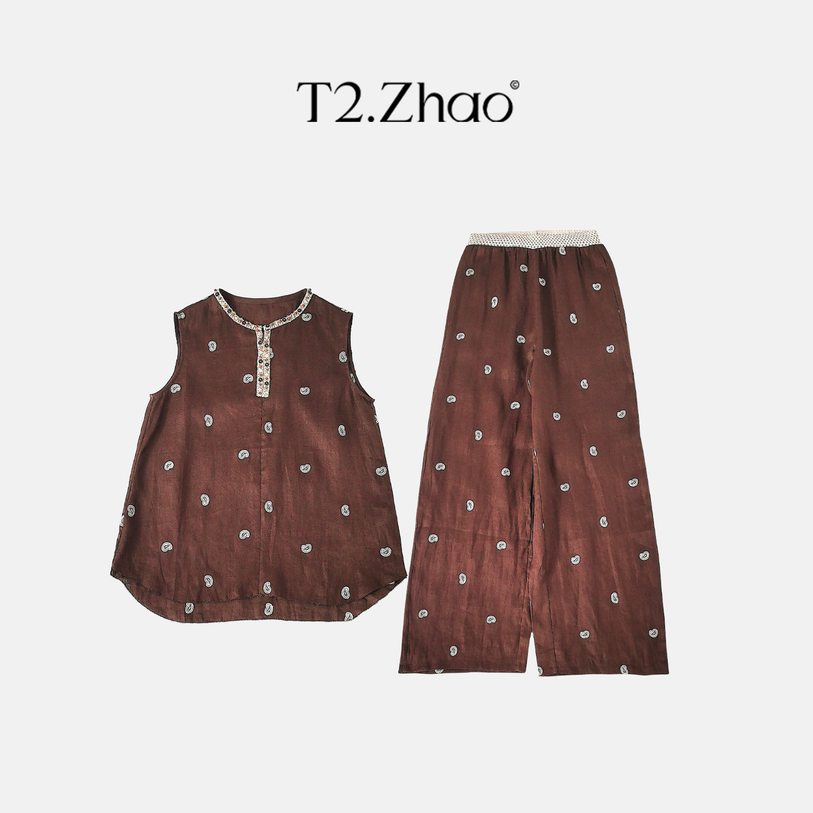 T2.ZHAO [褐雅饰纹] 亚麻波点绣花马甲阔腿裤套装C561
