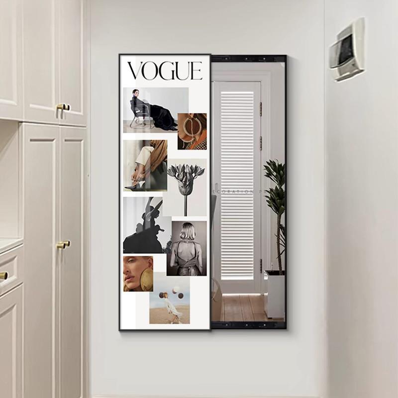 北欧ins风可推拉全身镜杂志海报暗藏式镜子装饰画玄关穿衣镜挂画