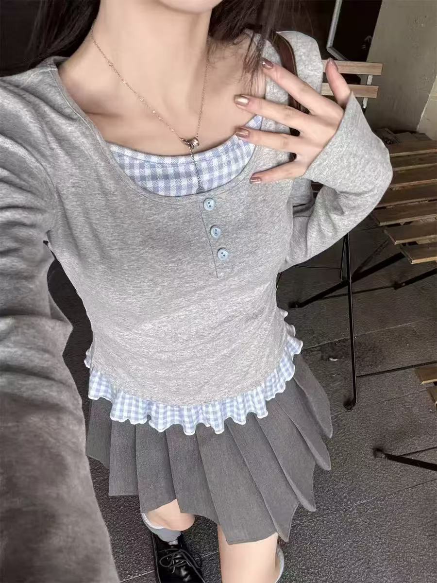 灰色拼接格子长袖2025春季新款修身假两件