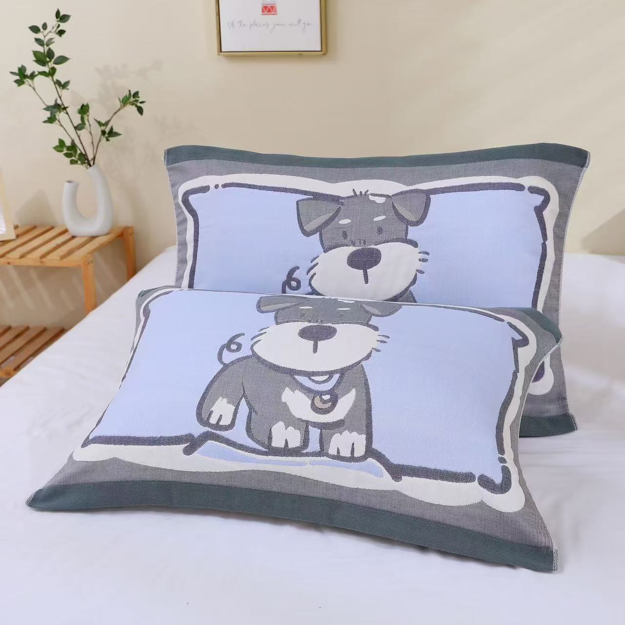 雪纳瑞52*75cm 纯棉纱布枕巾一对装