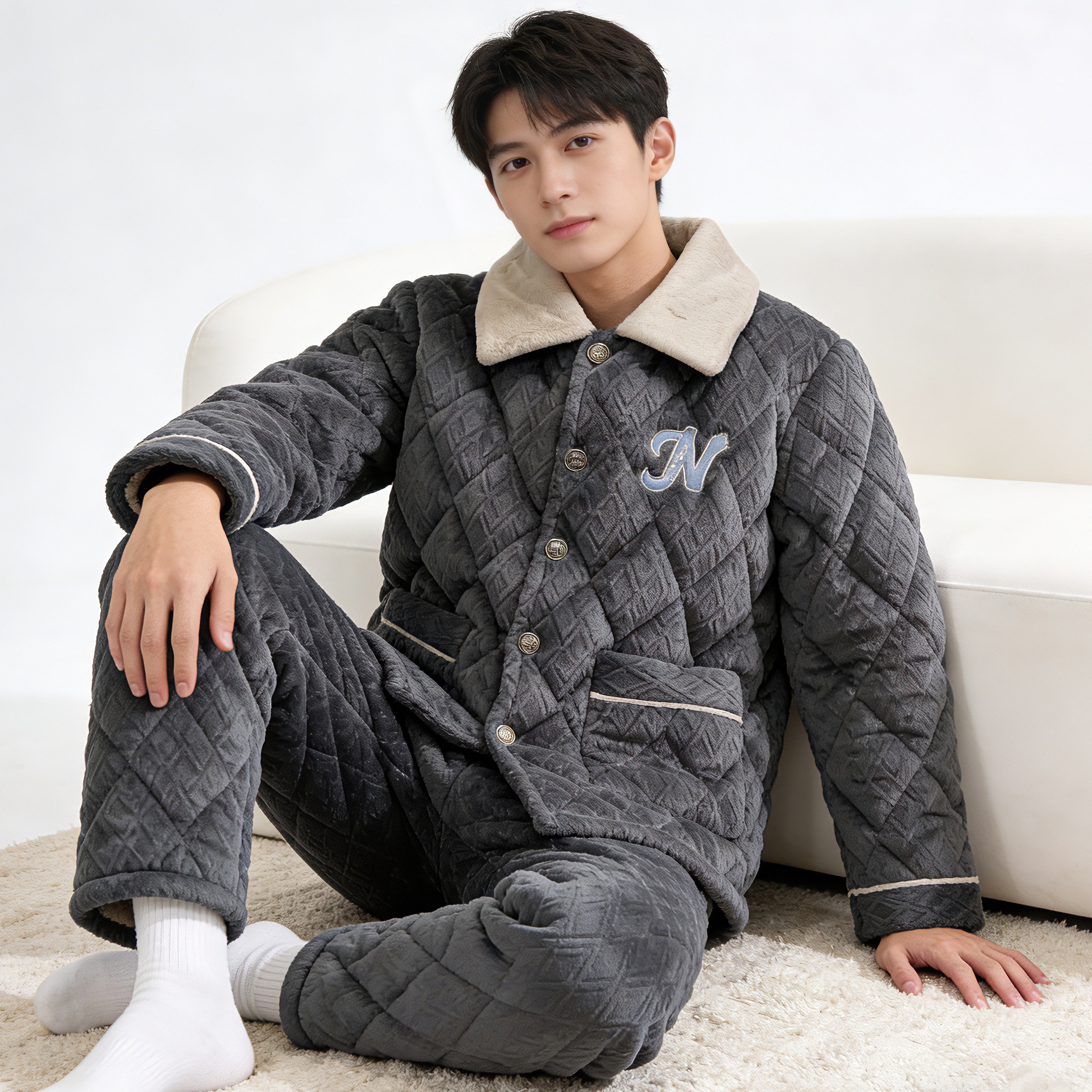 保暖睡衣男款三层夹棉加绒加厚王新款男士家居服套装冬季