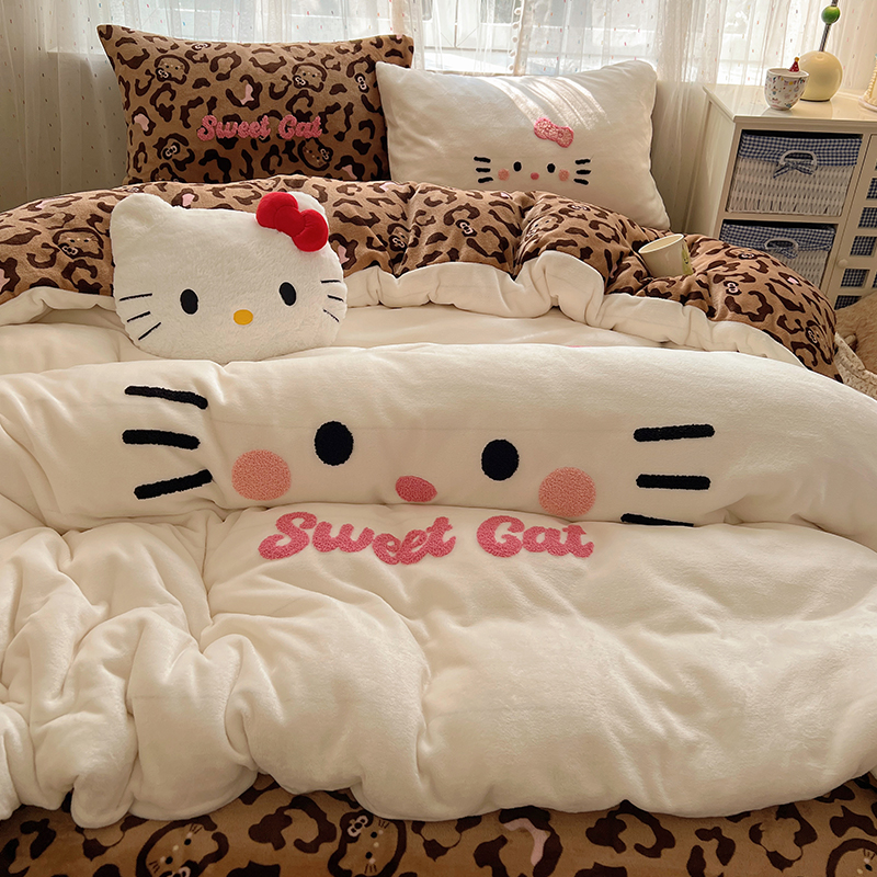 卡通猫咪毛巾绣牛奶绒床上四件套双面绒被套宿舍床单加绒保暖床品