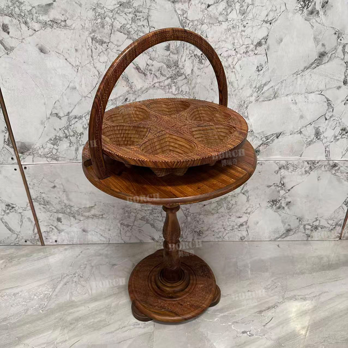 博瑞奇手工雕刻折叠果篮茶几提篮两用可收缩边几阳台咖啡桌09998