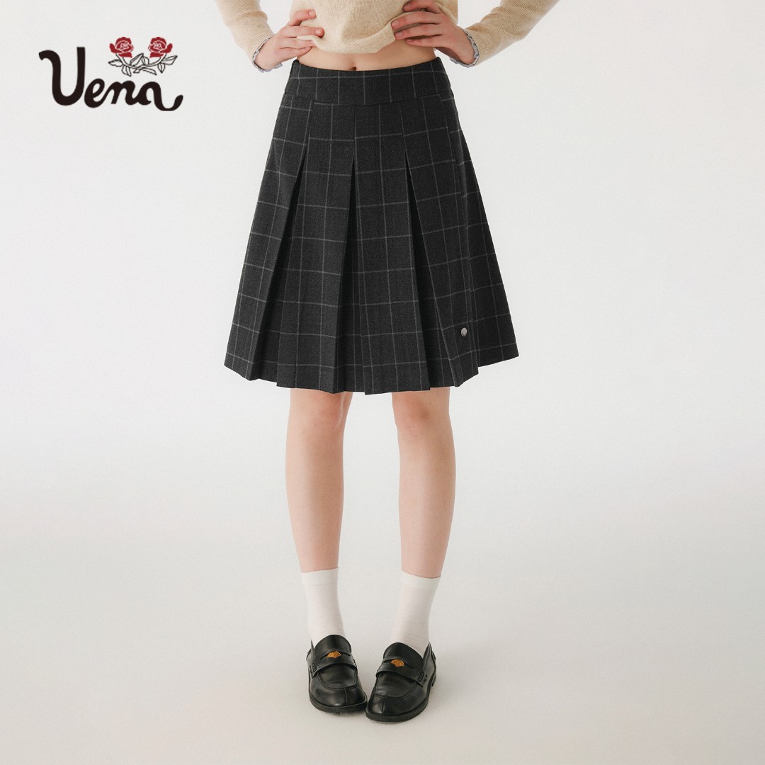 【雾色中的倒影】Uena学院风灰色格纹中长款A字显瘦百褶半身裙女