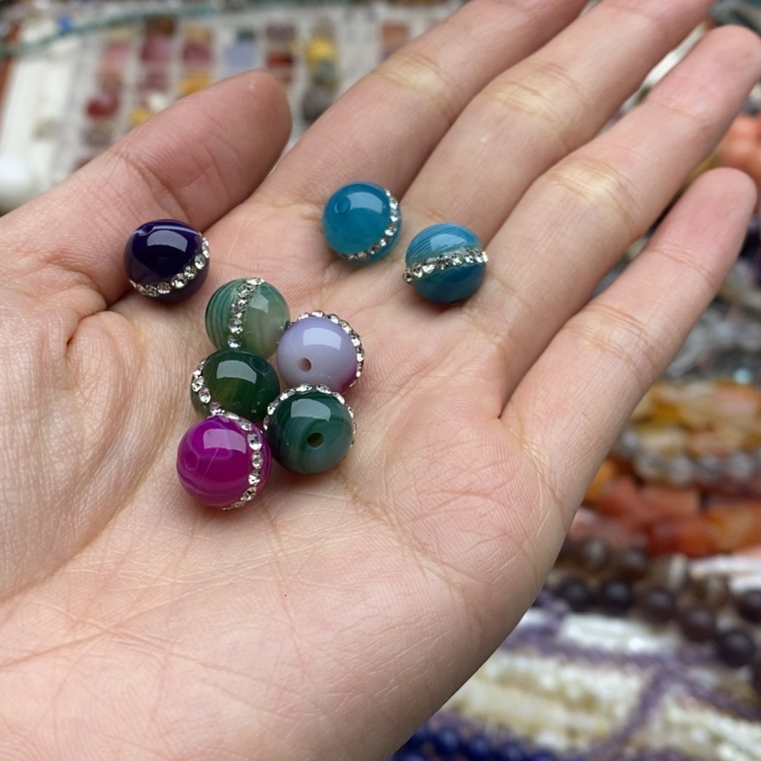玛瑙/玉髓未镶嵌珠宝半成品八个装纯天然彩色带钻玛瑙10mm