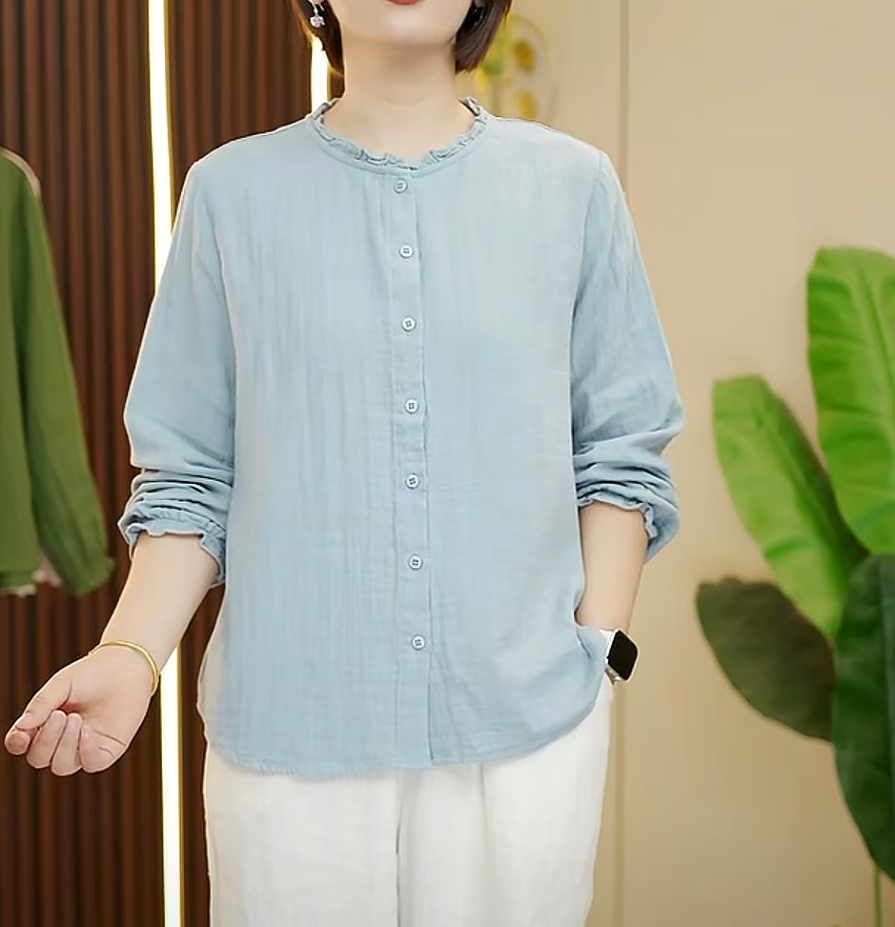 2025秋季新款木耳领长袖衬衫纯色文艺休闲上衣女