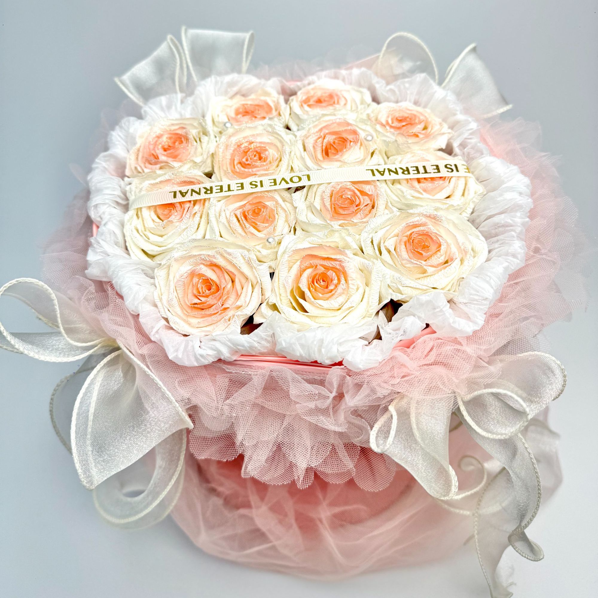 粉玫瑰永生仿真花蝴蝶结纸印花女神节送女友节日礼物甜美渐变玫瑰