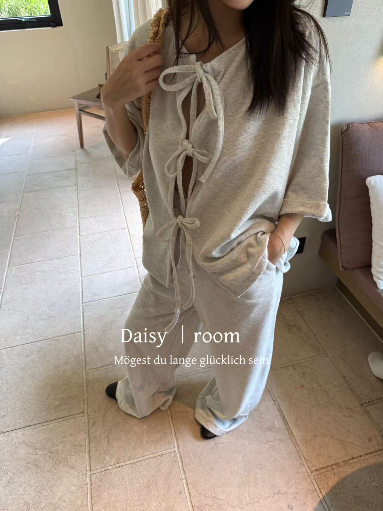 Daisy  韩系系带灰色套装