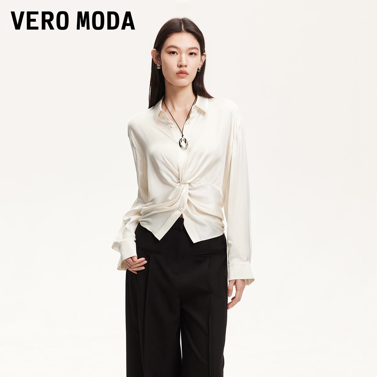 Vero Moda衬衫女2025新款单排扣纽结光泽感上衣通勤小众百搭贵气