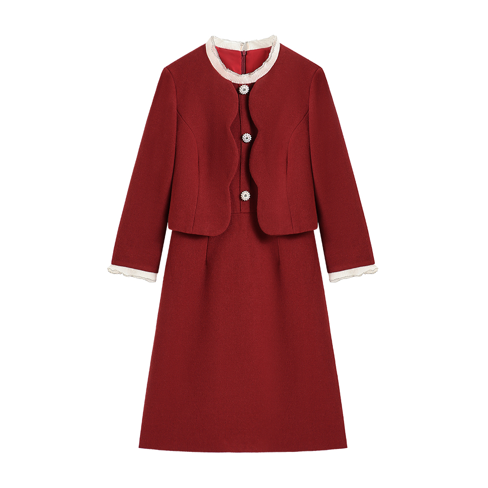 【南油虹姐】秋冬新品法式假两件木耳边花瓣领显瘦连衣裙