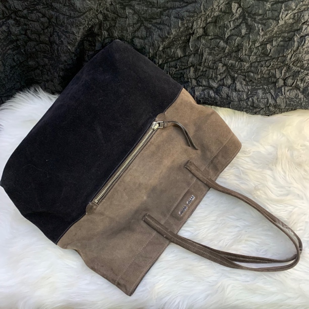 95新 MIU MIU/缪缪 缪缪黑棕拼色大号托特手提包