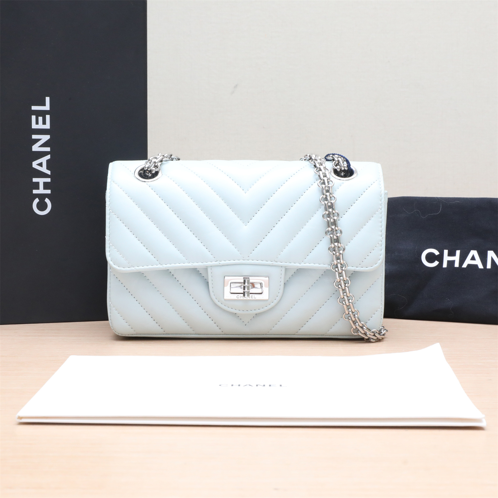 95新 Chanel/香奈儿 【小花念念】2.55 迷你 蓝色 芯片 银扣 V纹包
