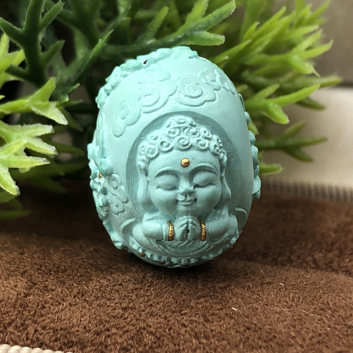 天然原矿绿松石，精工雕刻大日如来鼓珠19x14.5mm