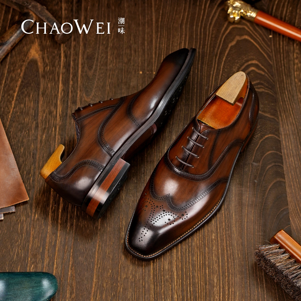 潮味手工皮鞋正装商务透气皮鞋方头真皮休闲透气男士牛津鞋A705
