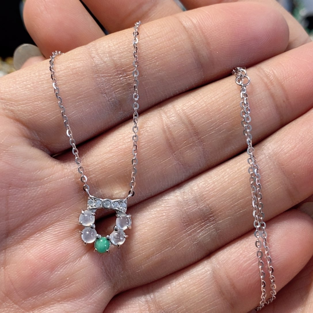 翡翠颈饰银S925镶嵌缅甸翡翠A货带链吊坠