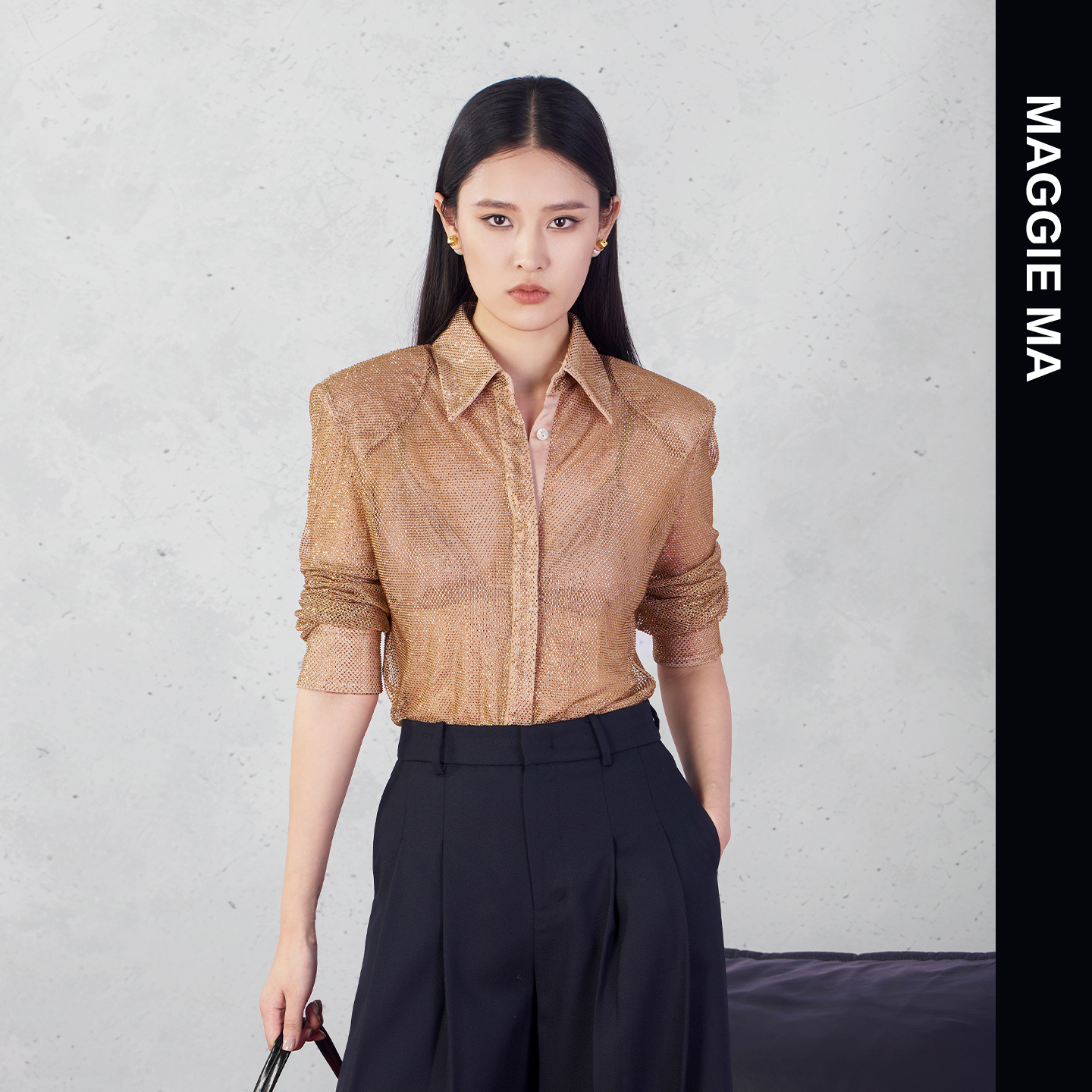 MAGGIE MA马婧设计师款黄色烫钻亮闪闪耀眼修身衬衫453S