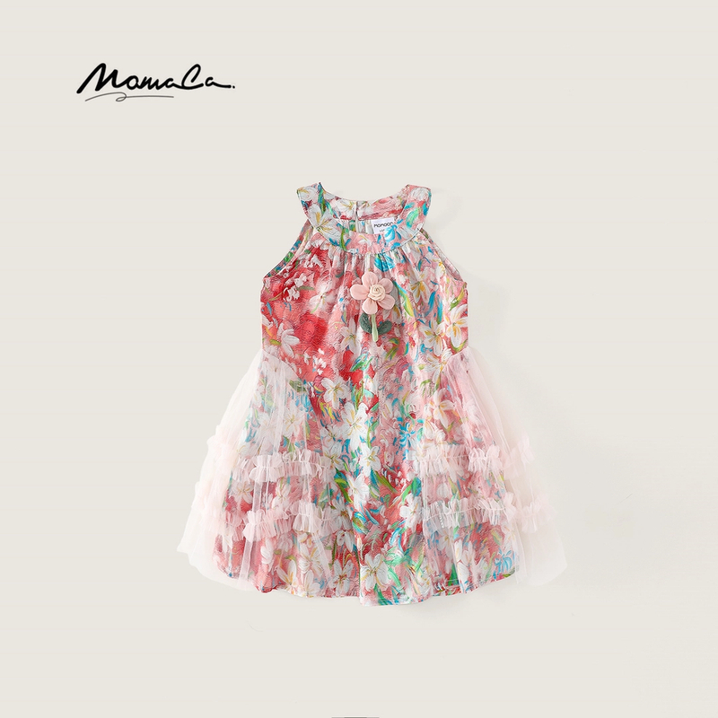 MOMOCO女童夏季洋气满印花朵拼纱挂脖时尚甜美连衣裙77630476064