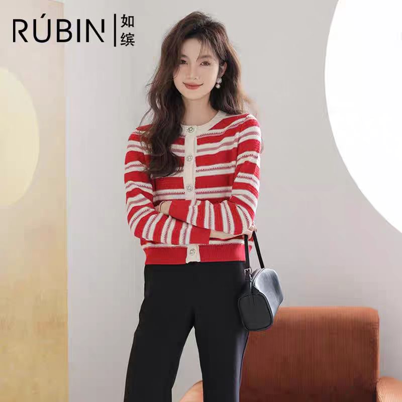 如缤毛针织衫条纹冬季百搭针织衫毛衣显瘦休闲宽松开衫