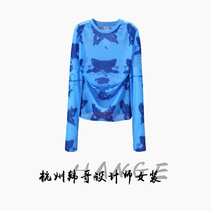 【韩哥女装】2025欧版新品设计师蓝色水印印花高弹网纱上衣6127-K7