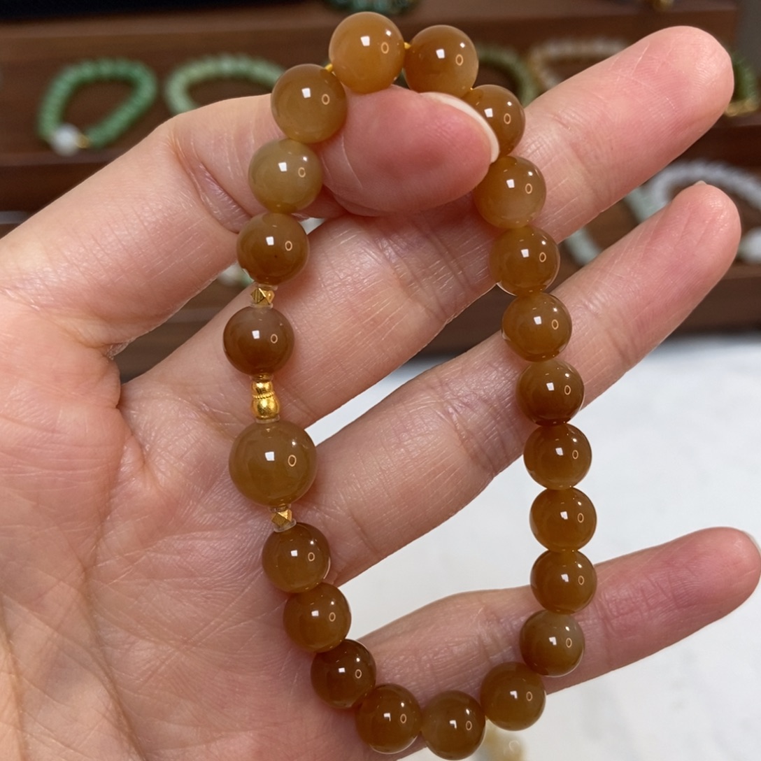 和田玉18K金镶嵌手链8mm糖白精品