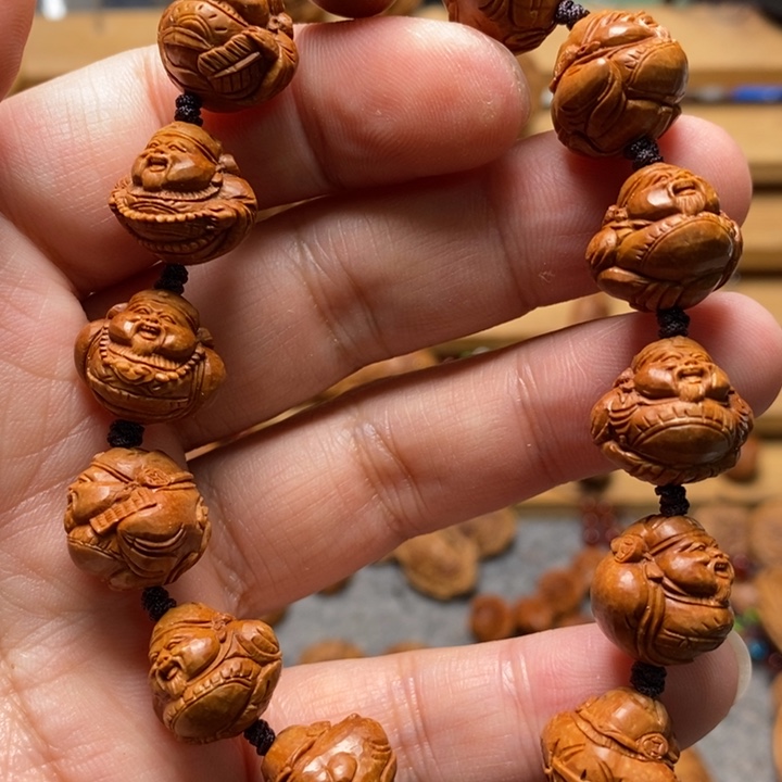 桃核手工雕刻财神手串