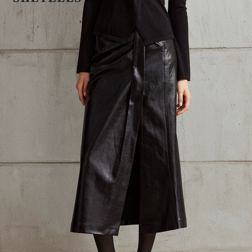 SHETELLS2025冬季新款时光朋克长半裙女时尚百搭系带PU皮半身裙