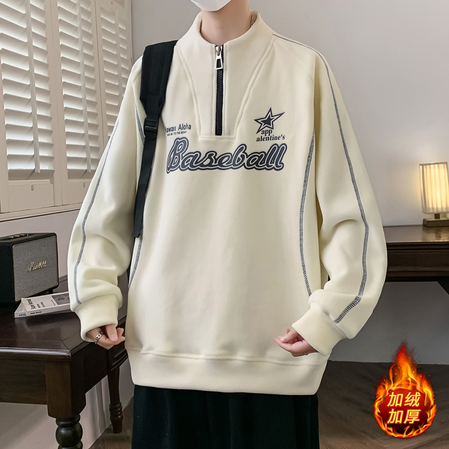 双11秋冬新款加绒加厚保暖半高领卫衣冬季内搭拉链印花缉明线上衣